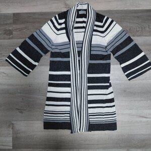 Joseph A Quarter Sleeve Cardigan Sweater Open Front Metallic Thick Stripes